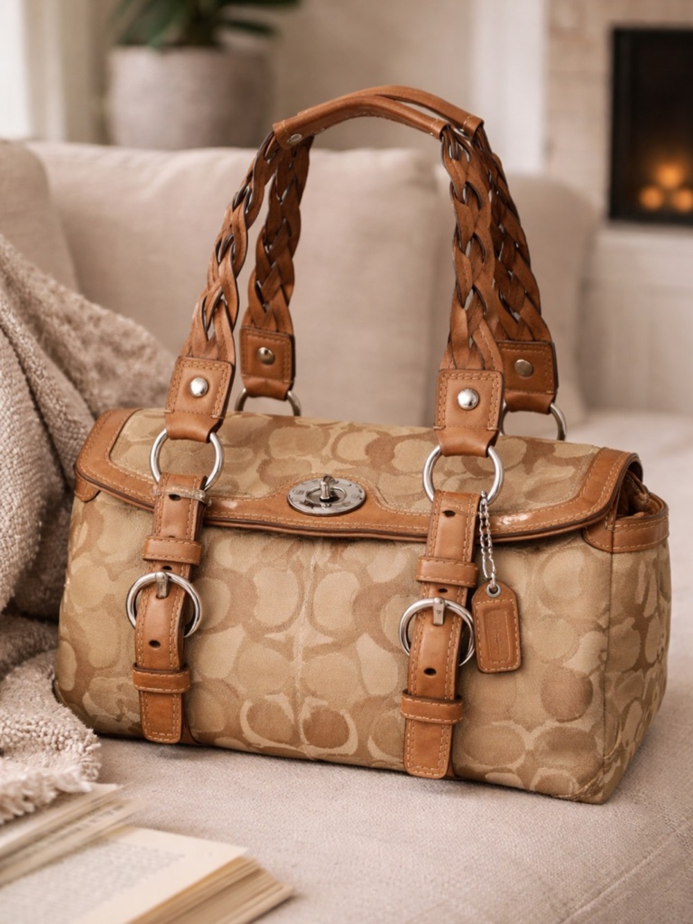 Vintage Coach Signature Tan Leather Trim Satchel Bag Braided Strap Turnlock Y2K